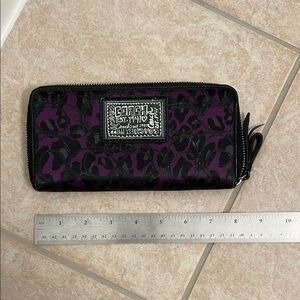 Coach Purple and Black Leopard Print Accordion Zip Wallet